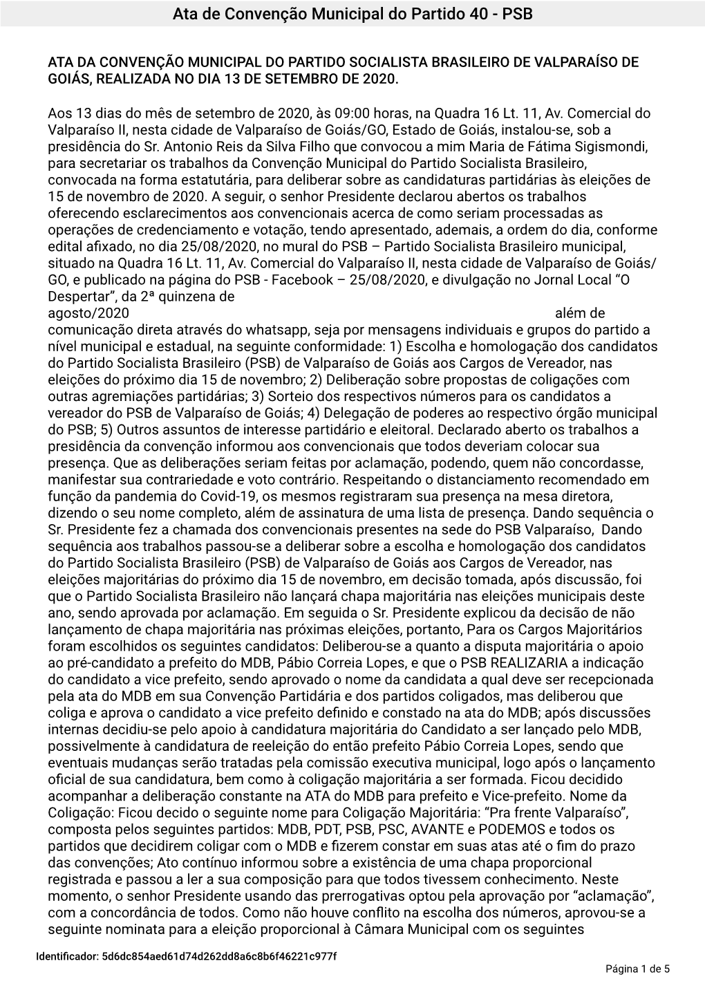 Ata De Convenção Municipal Do Partido 40 - PSB