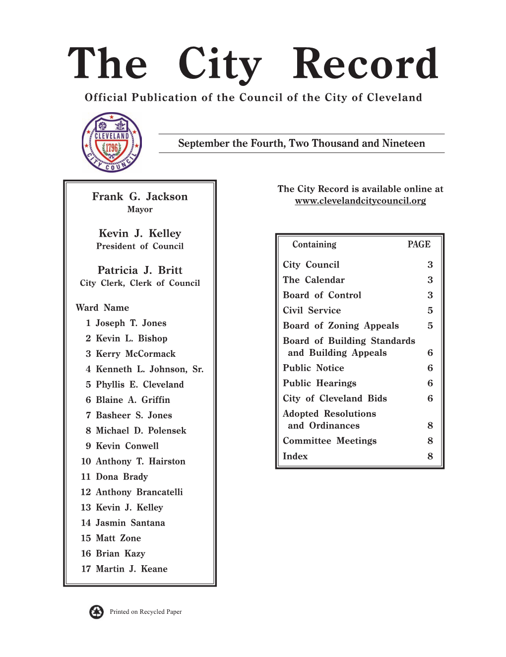 City Record Official Publication of the Council of the City of Cleveland