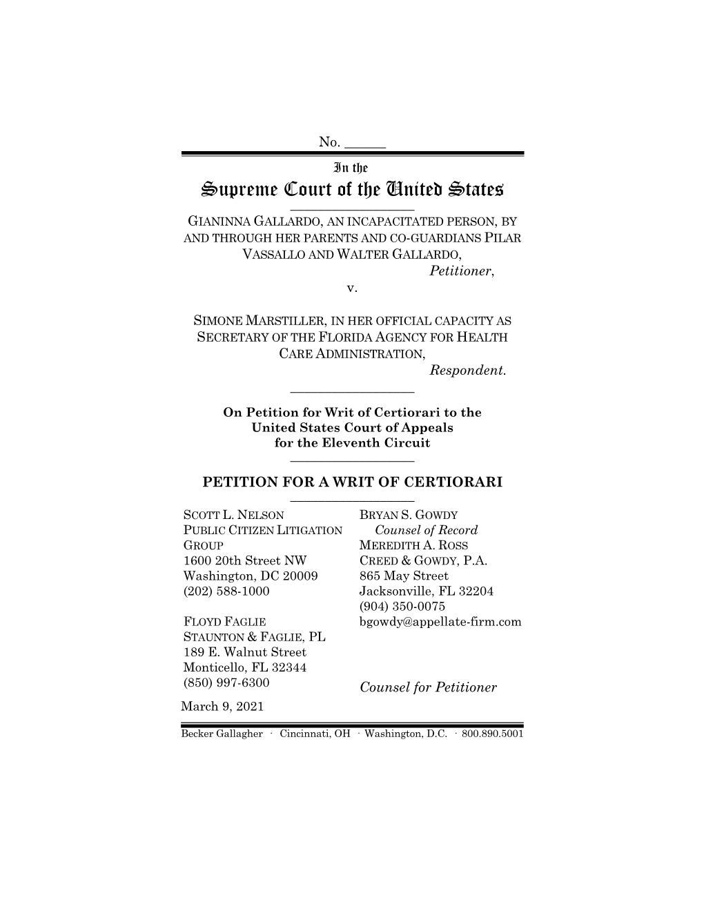 Petition for Writ of Certiorari to the United States Court of Appeals for the Eleventh Circuit ______PETITION for a WRIT of CERTIORARI ______SCOTT L