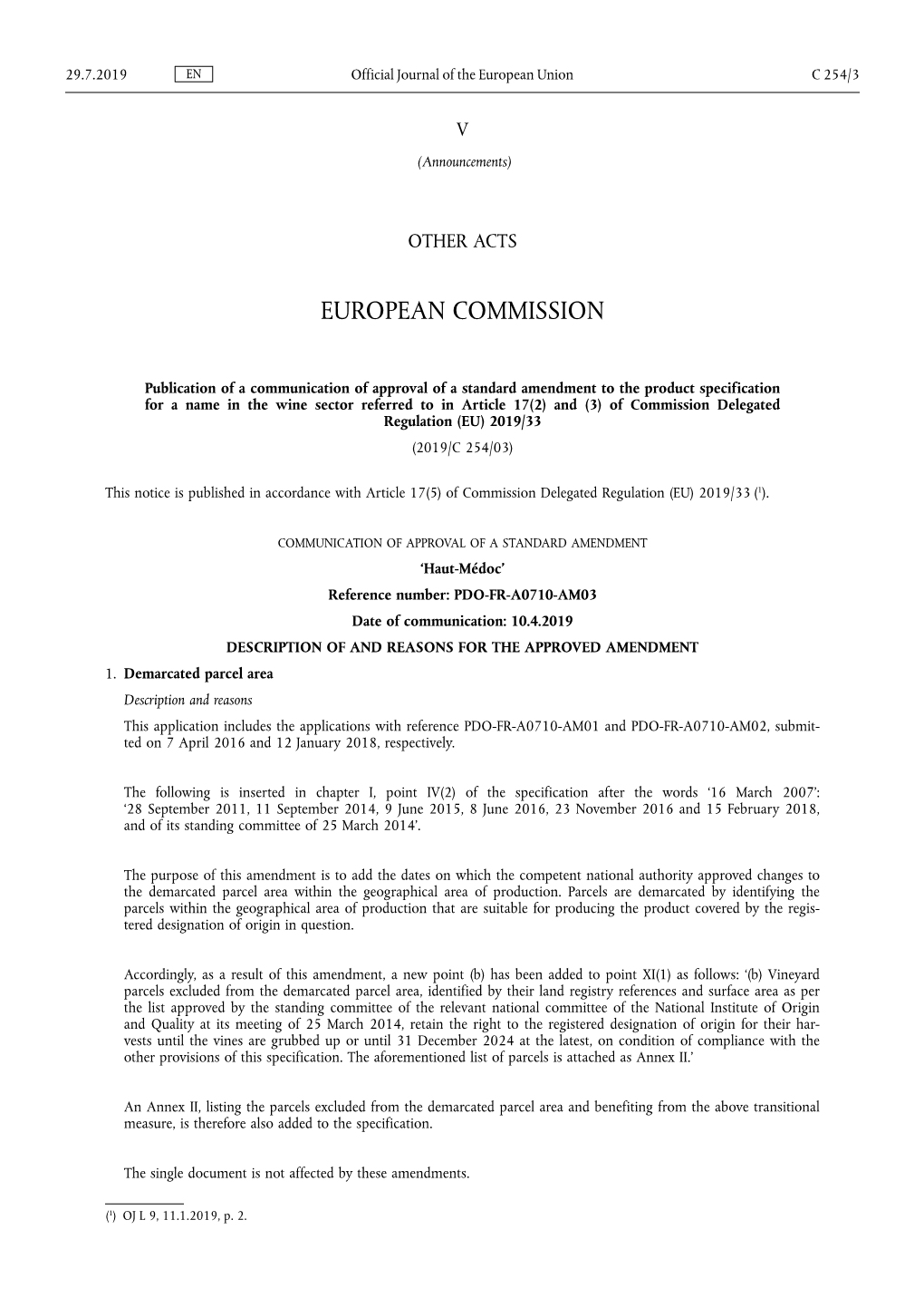 Publication of a Communication of Approval of a Standard