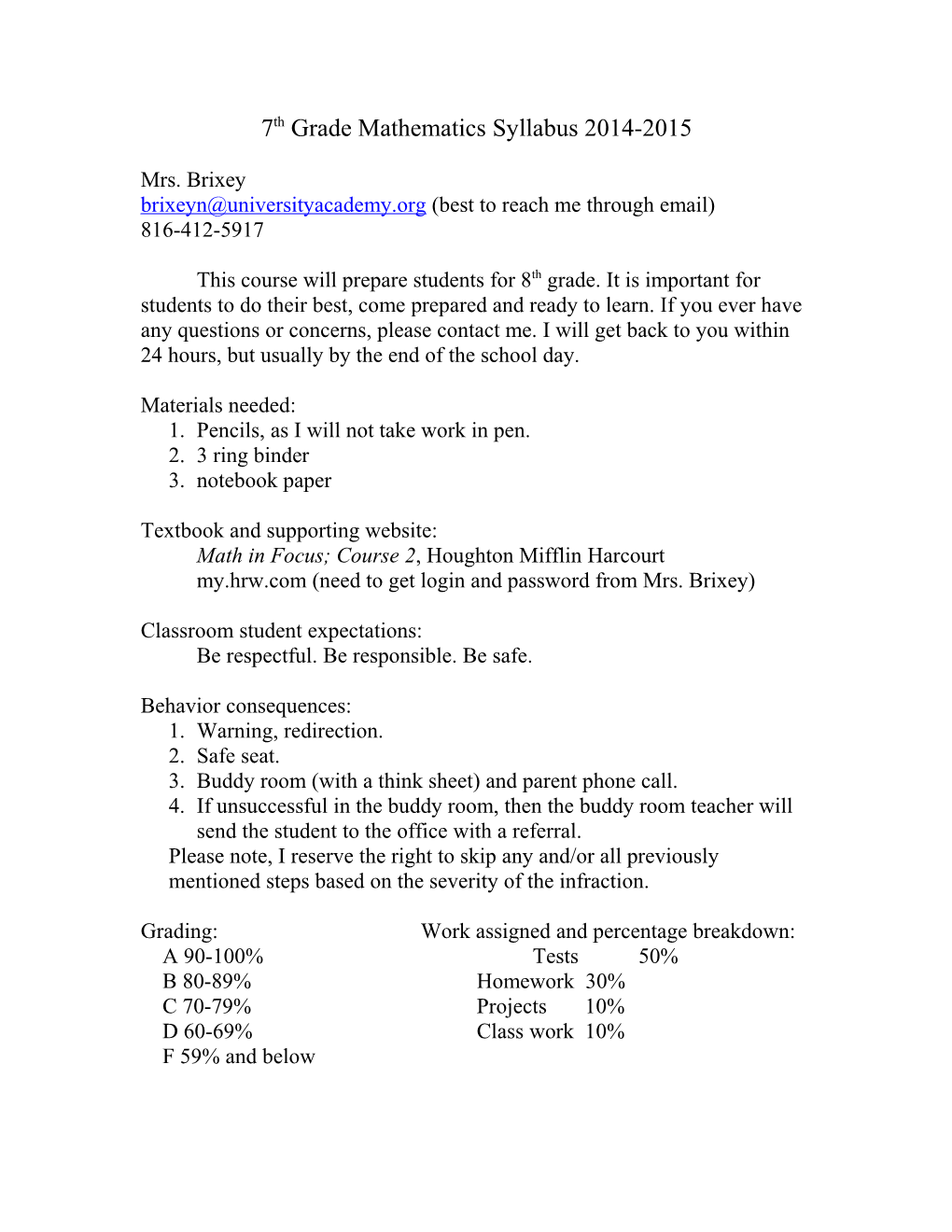 7Th Grade Mathematics Syllabus 2014-2015