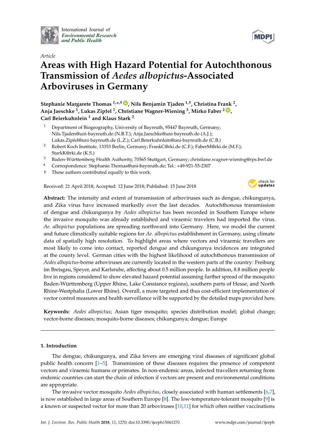 Areas with High Hazard Potential for Autochthonous Transmission of Aedes Albopictus-Associated Arboviruses in Germany