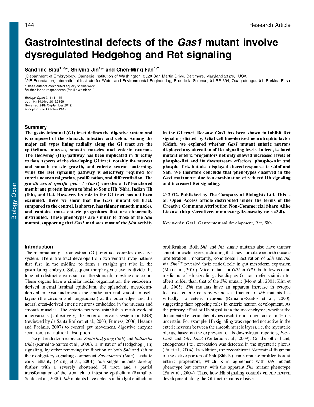 Gastrointestinal Defects of the Gas1 Mutant Involve Dysregulated Hedgehog and Ret Signaling