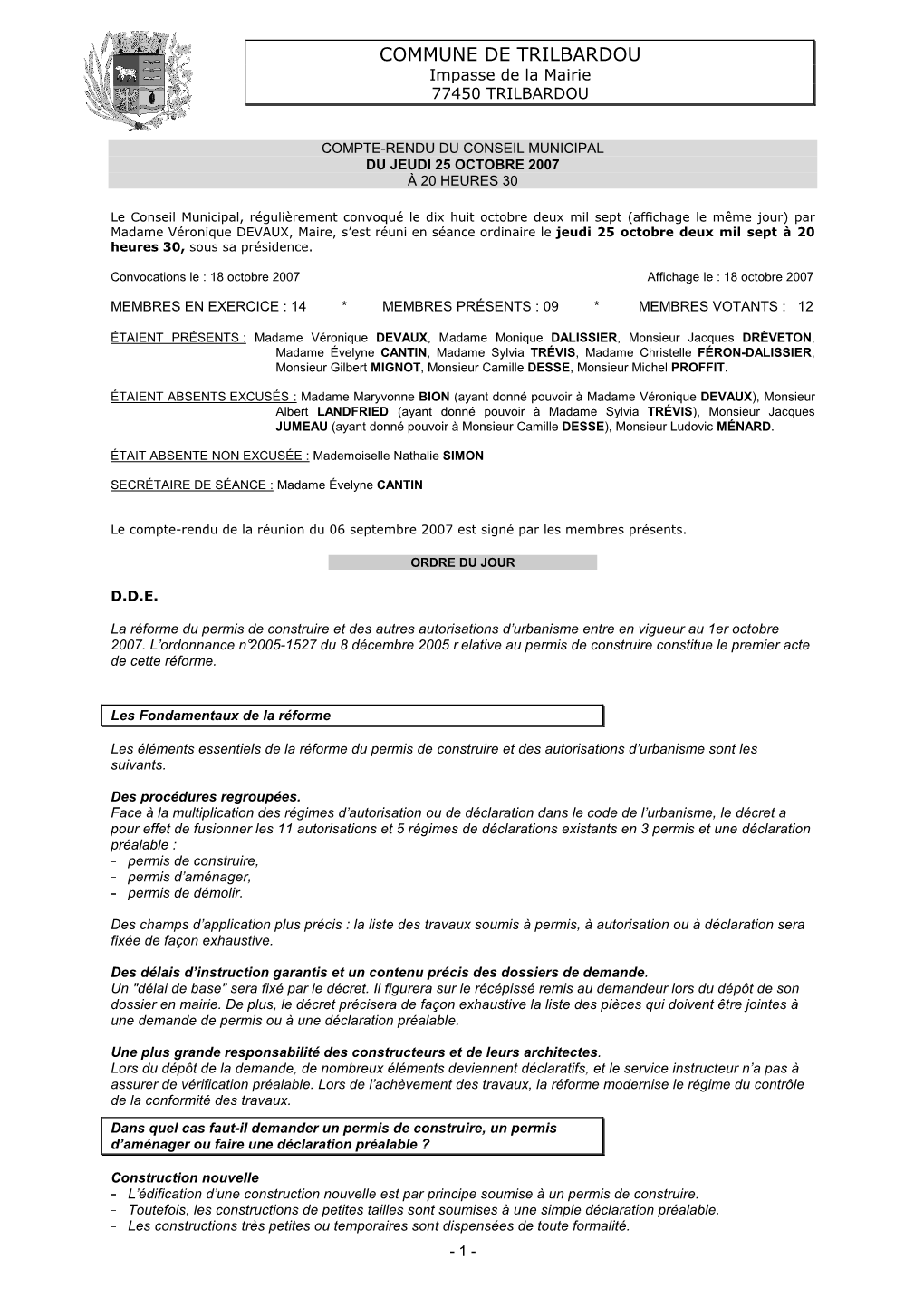 COMMUNE DE TRILBARDOU Impasse De La Mairie 77450 TRILBARDOU