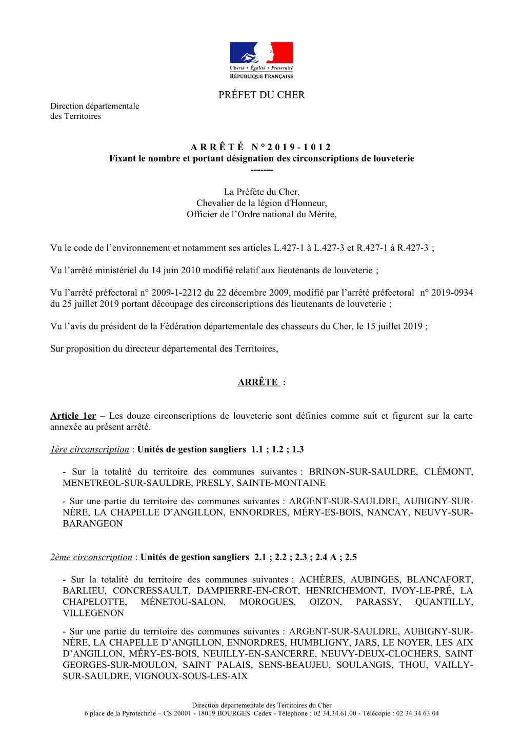 PRÉFET DU CHER Direction Départementale Des Territoires