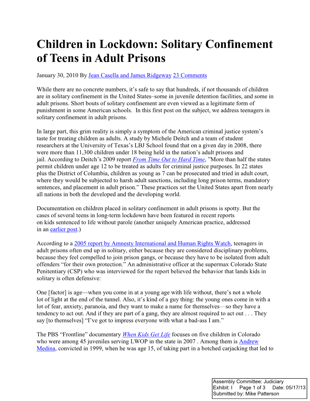 Solitary Confinement of Teens in Adult Prisons