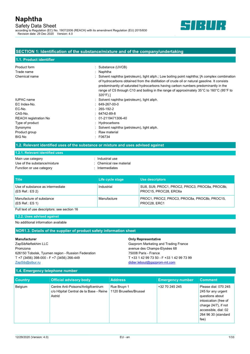 Naphtha Safety Data Sheet According to Regulation (EC) No