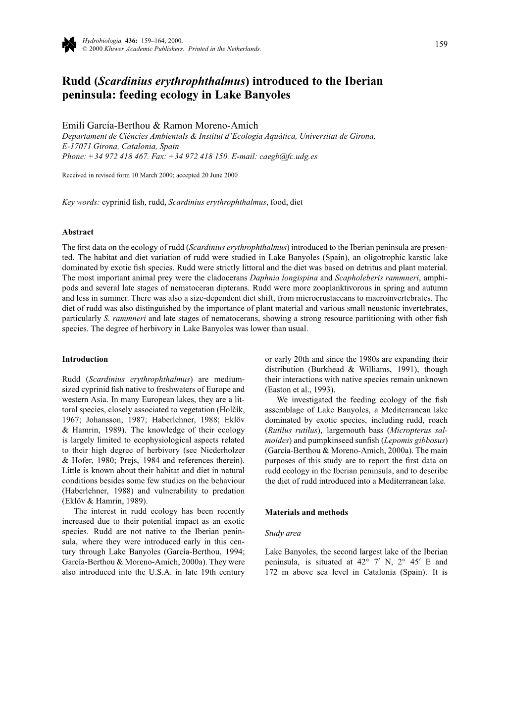 Rudd (Scardinius Erythrophthalmus) Introduced to the Iberian Peninsula: Feeding Ecology in Lake Banyoles