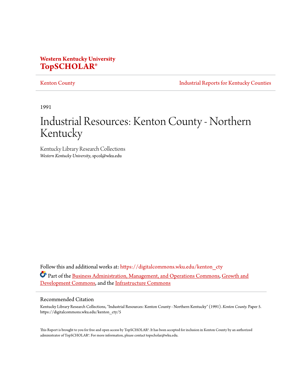 Kenton County Industrial Reports for Kentucky Counties