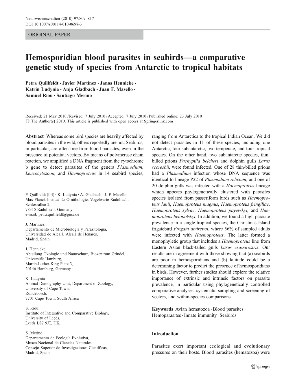 Hemosporidian Blood Parasites in Seabirds—A Comparative Genetic Study of Species from Antarctic to Tropical Habitats