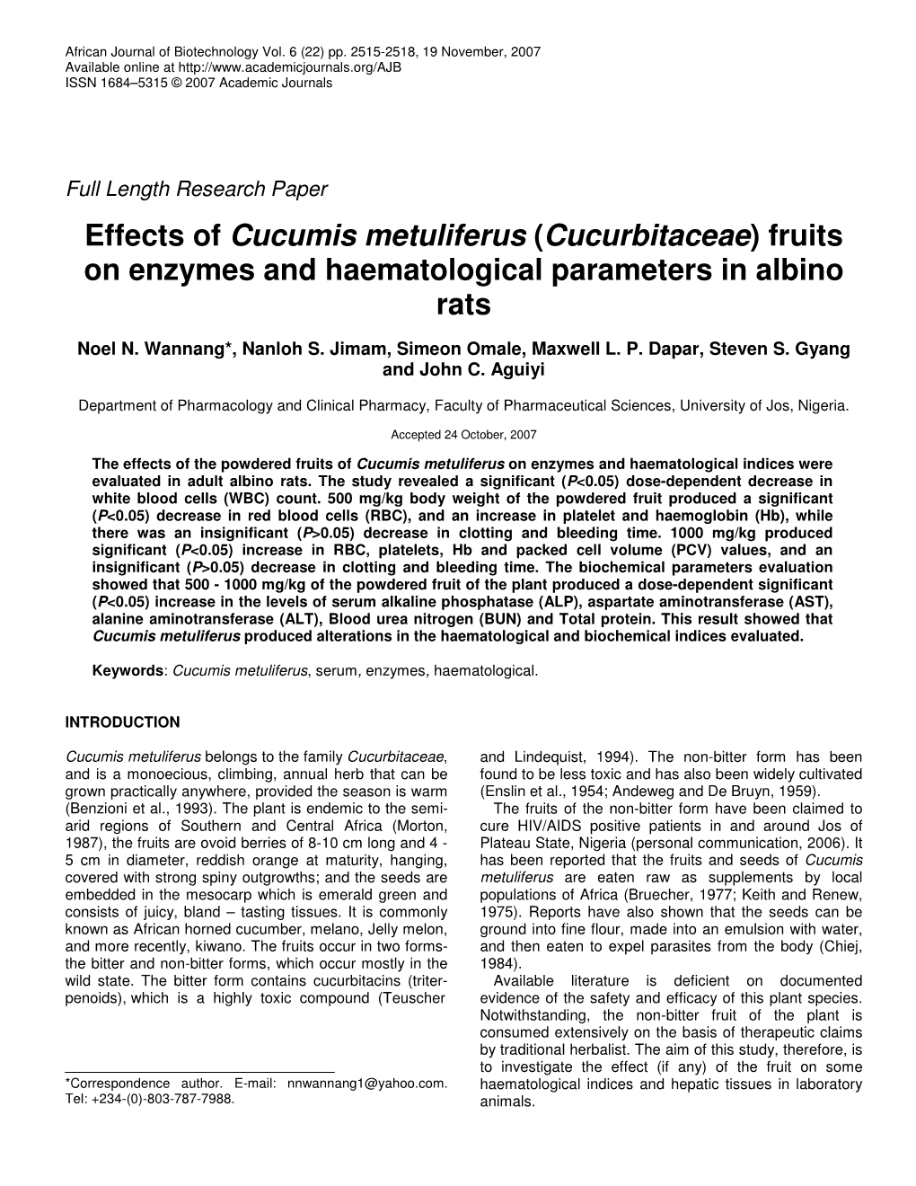 Effects of Cucumis Metuliferus (Cucurbitaceae) Fruits on Enzymes and Haematological Parameters in Albino Rats