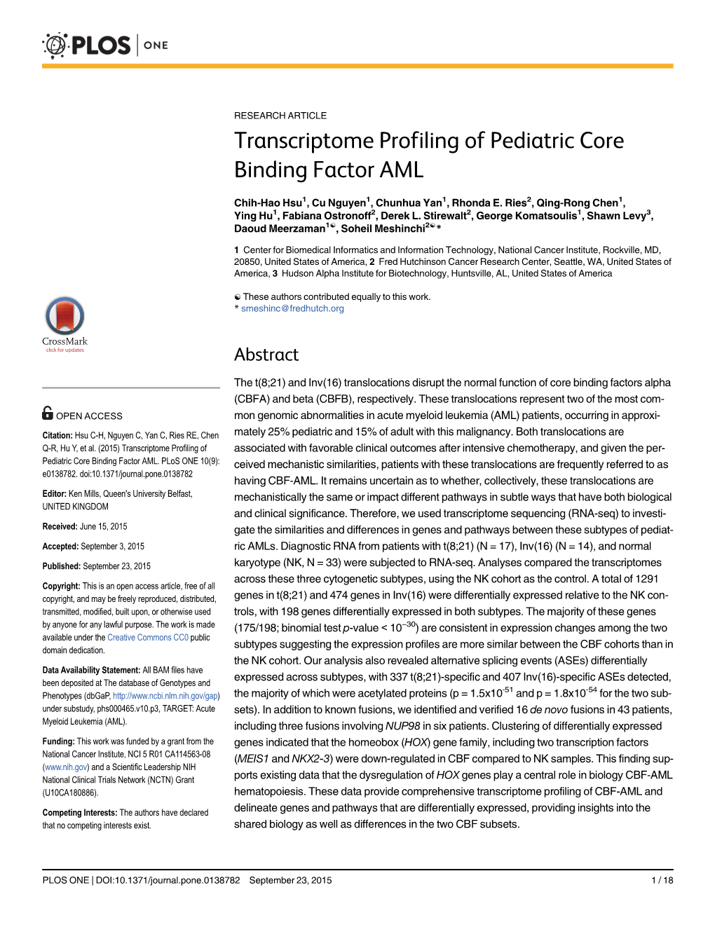 Transcriptome Profiling of Pediatric Core Binding Factor AML