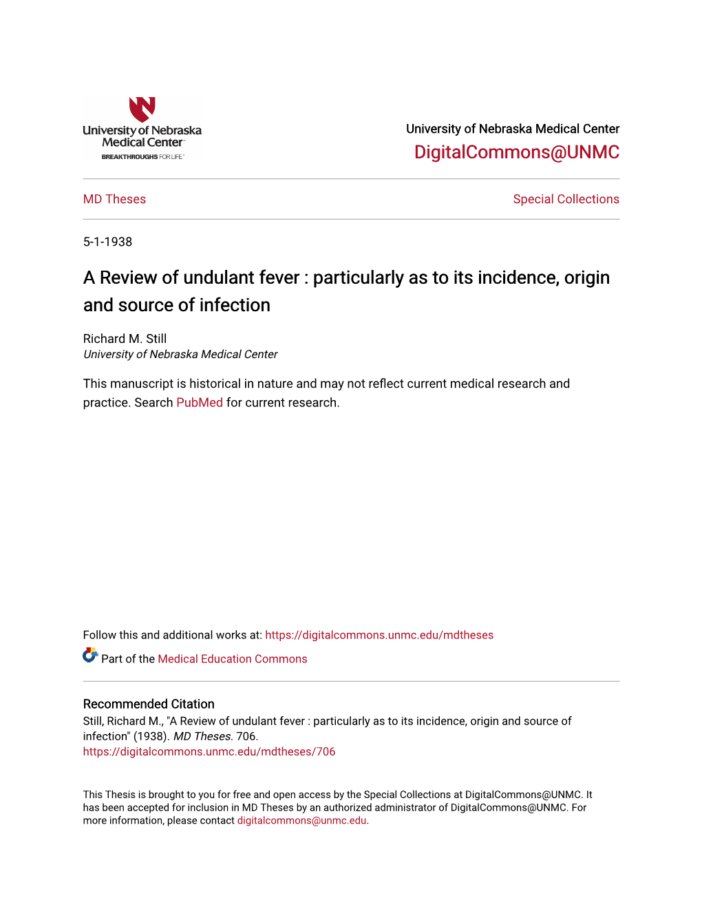 A Review of Undulant Fever : Particularly As to Its Incidence, Origin and Source of Infection