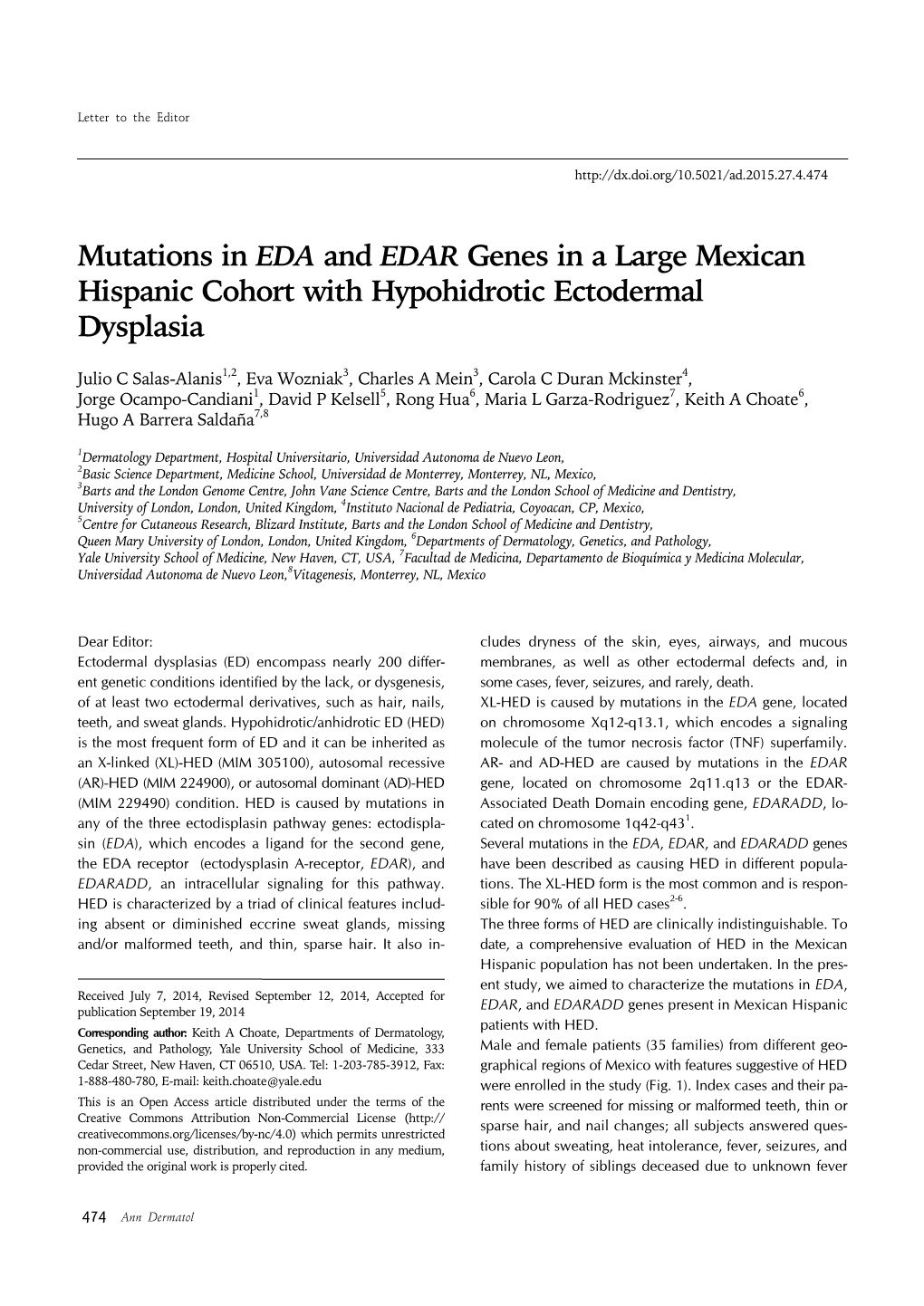 Mutations in EDA and EDAR Genes in a Large Mexican Hispanic Cohort with Hypohidrotic Ectodermal Dysplasia