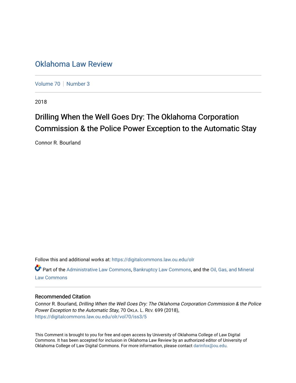 Drilling When the Well Goes Dry: the Oklahoma Corporation Commission & the Police Power Exception to the Automatic Stay