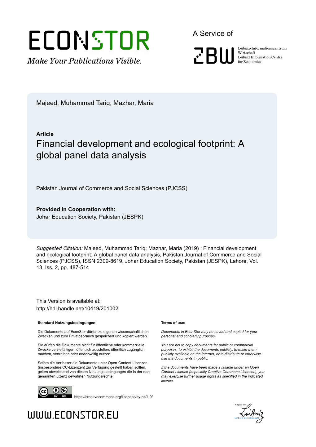 Financial Development and Ecological Footprint: a Global Panel Data Analysis