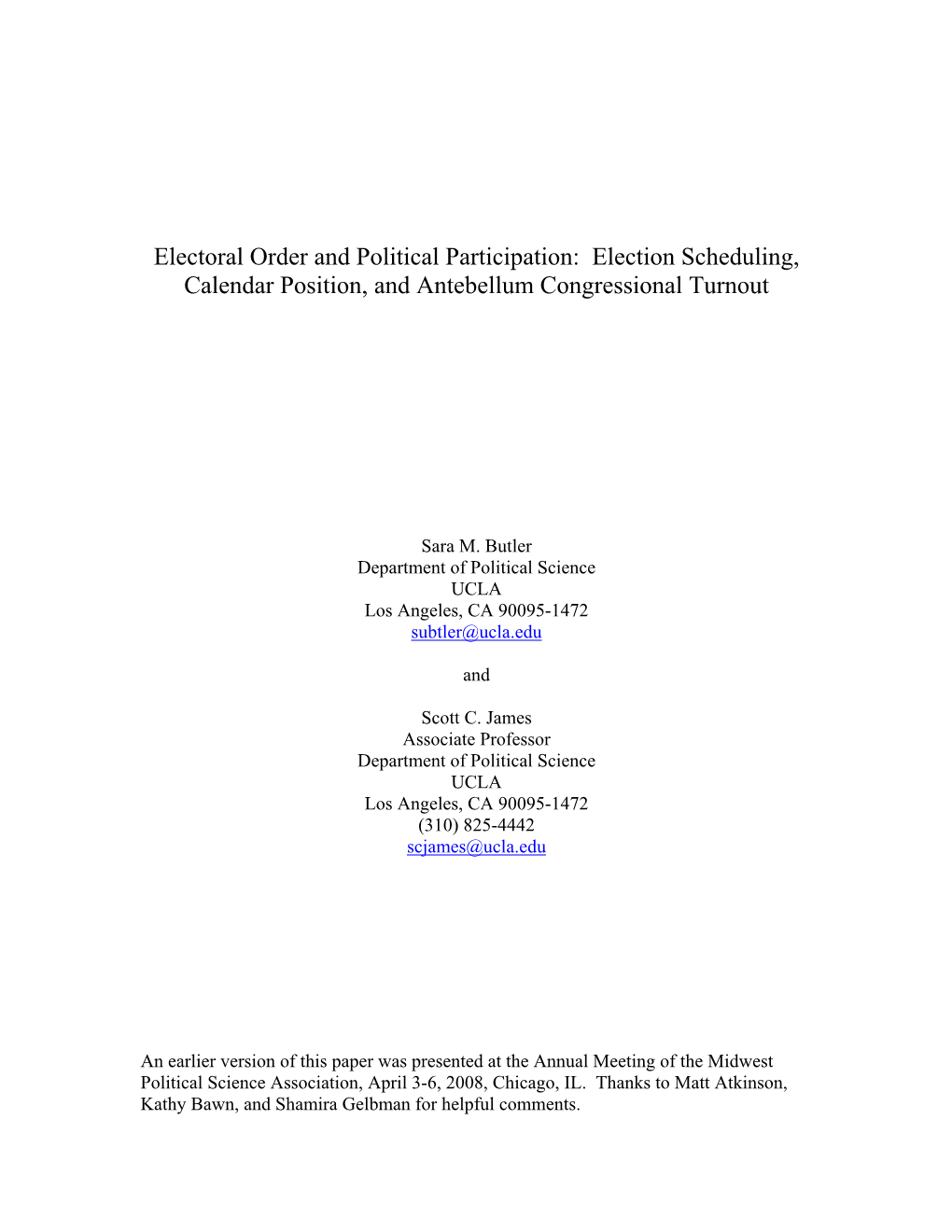 Electoral Order and Political Participation: Election Scheduling, Calendar Position, and Antebellum Congressional Turnout