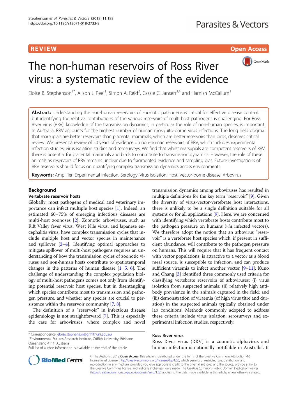 The Non-Human Reservoirs of Ross River Virus: a Systematic Review of the Evidence Eloise B