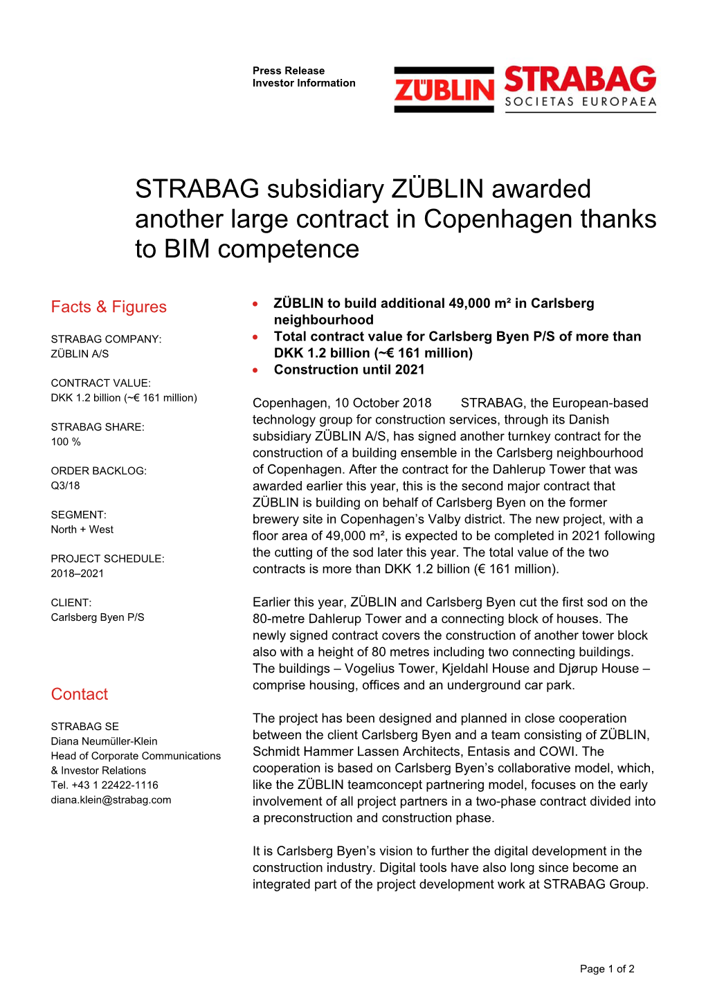 STRABAG Subsidiary ZÜBLIN Awarded Another Large Contract in Copenhagen Thanks to BIM Competence