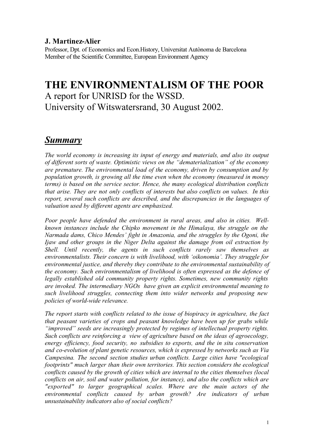 THE ENVIRONMENTALISM of the POOR a Report for UNRISD for the WSSD