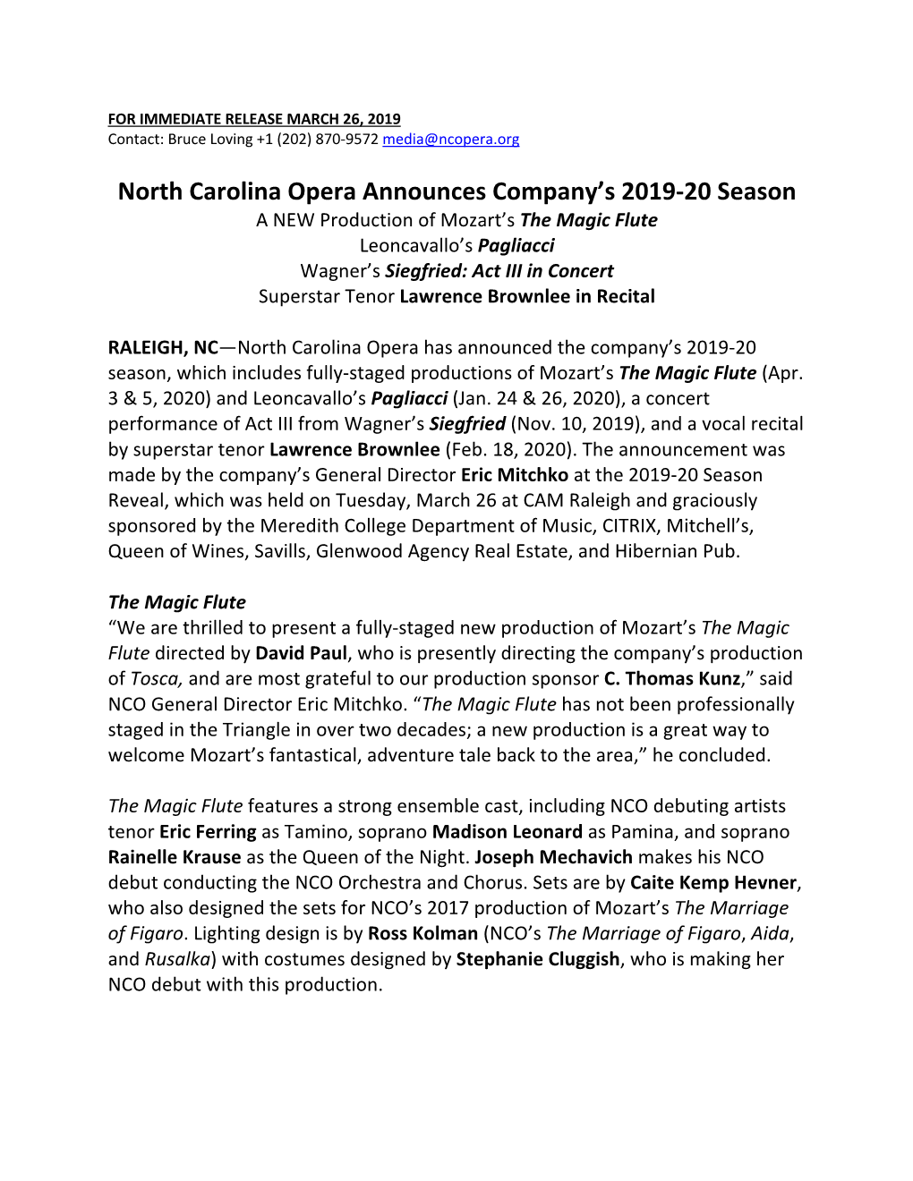 North Carolina Opera 2019-20 Season Announcement