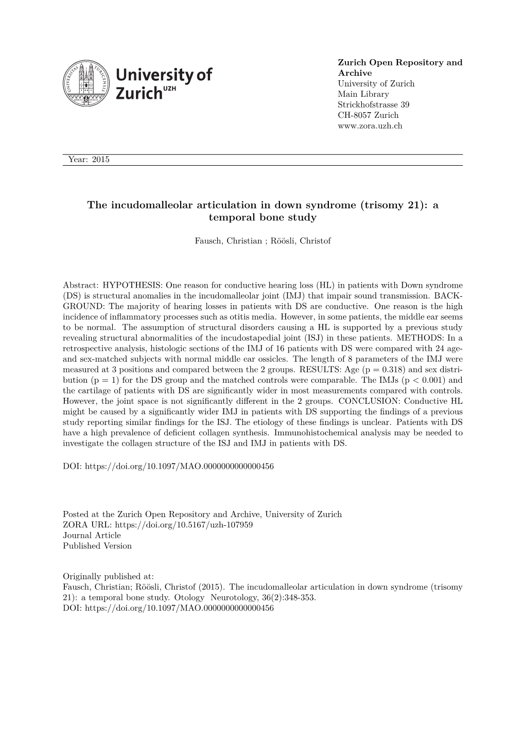 The Incudomalleolar Articulation in Down Syndrome (Trisomy 21): a Temporal Bone Study