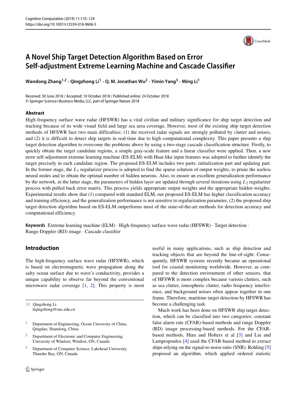 A Novel Ship Target Detection Algorithm Based on Error Self-Adjustment Extreme Learning Machine and Cascade Classifier