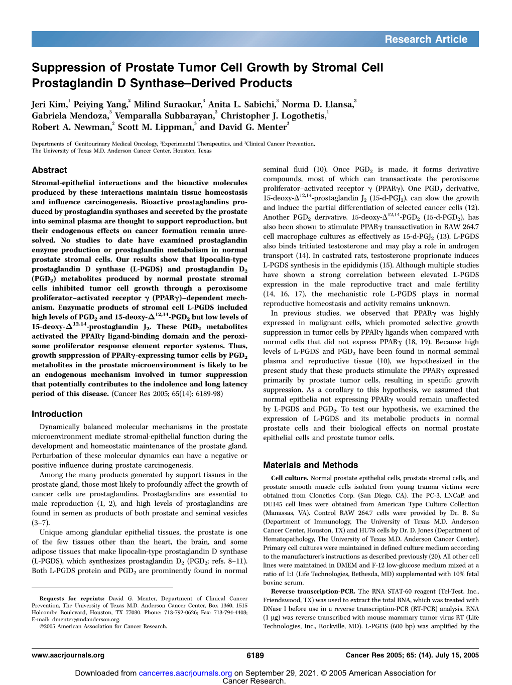 Suppression of Prostate Tumor Cell Growth by Stromal Cell Prostaglandin D Synthase–Derived Products