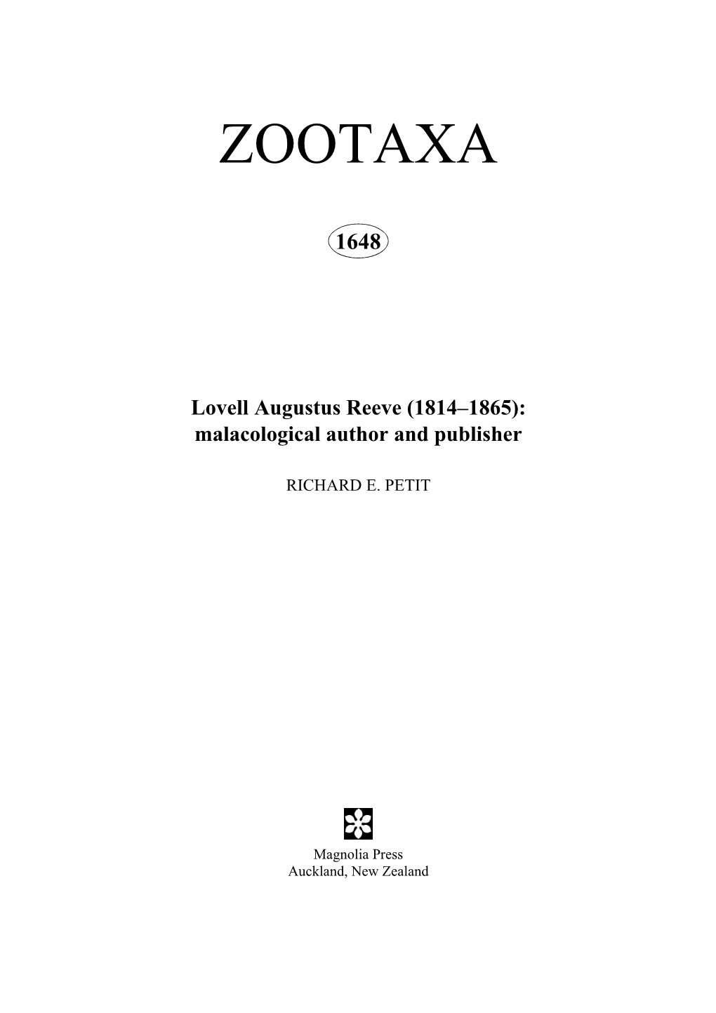 Zootaxa,Lovell Augustus Reeve (1814?865): Malacological Author and Publisher