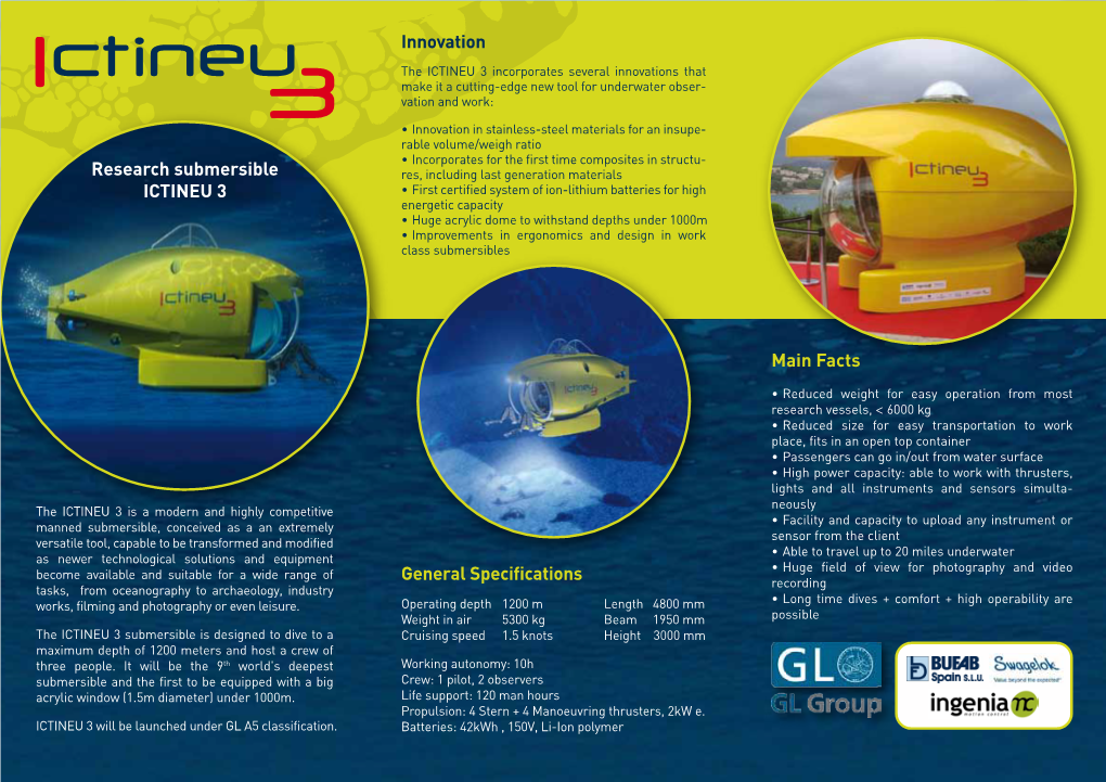 Research Submersible ICTINEU 3 Innovation General Specifications Main Facts