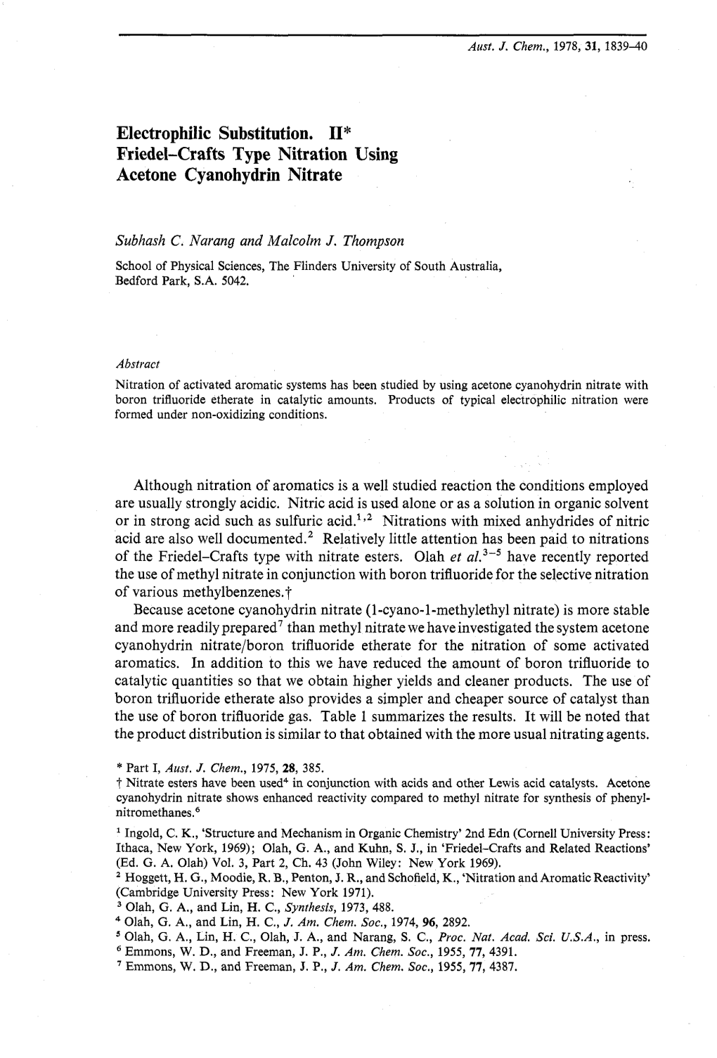 Electrophilic Substitution. 11* Friedel-Crafts Type Nitration Using Acetone Cyanohydrin Nitrate