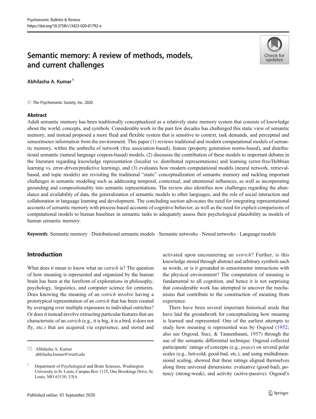 Semantic Memory: a Review of Methods, Models, and Current Challenges