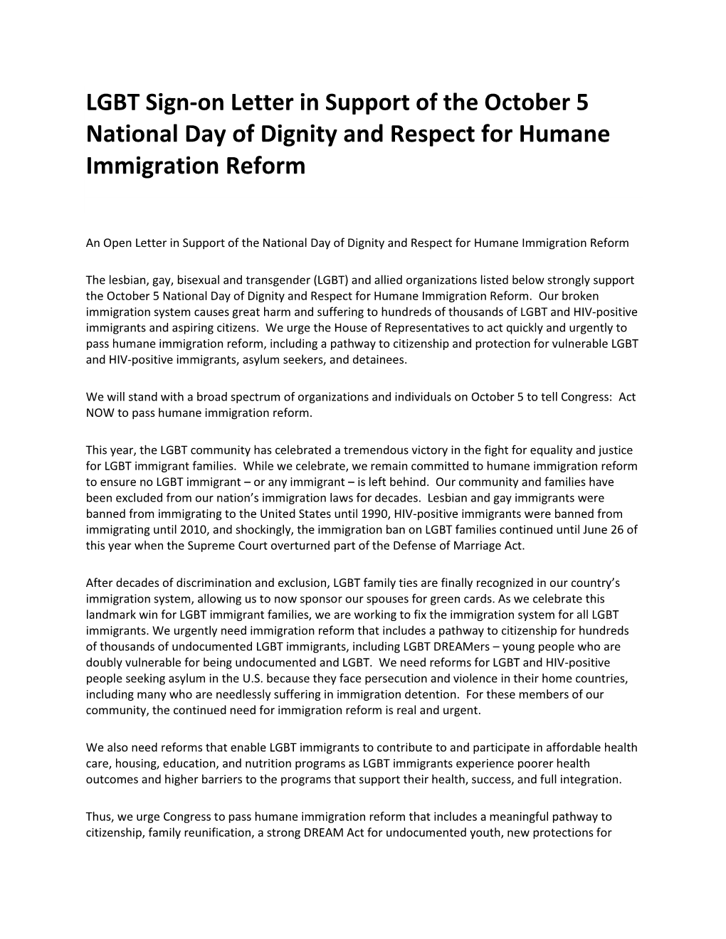 LGBT Sign-On Letter in Support of the October 5 National Day of Dignity and Respect for Humane Immigration Reform