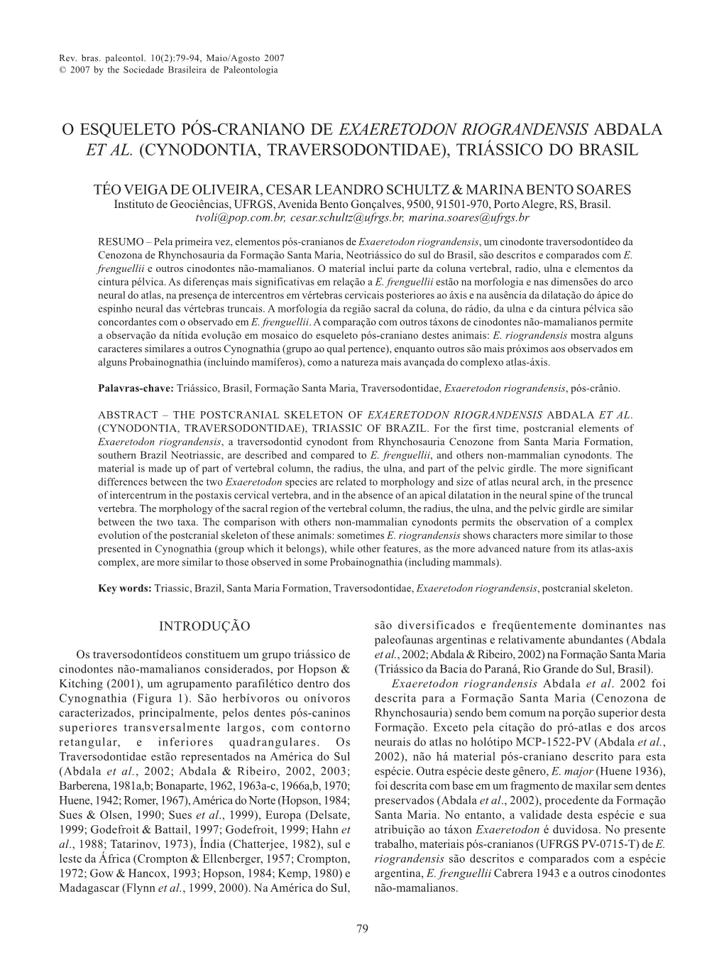 O Esqueleto Pós-Craniano De Exaeretodon Riograndensis Abdala Et Al