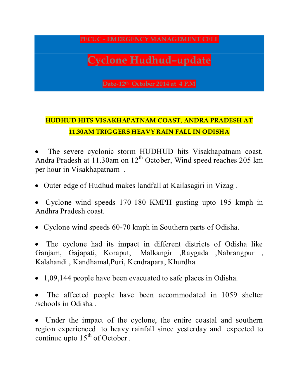 Cyclone Hudhud–Update