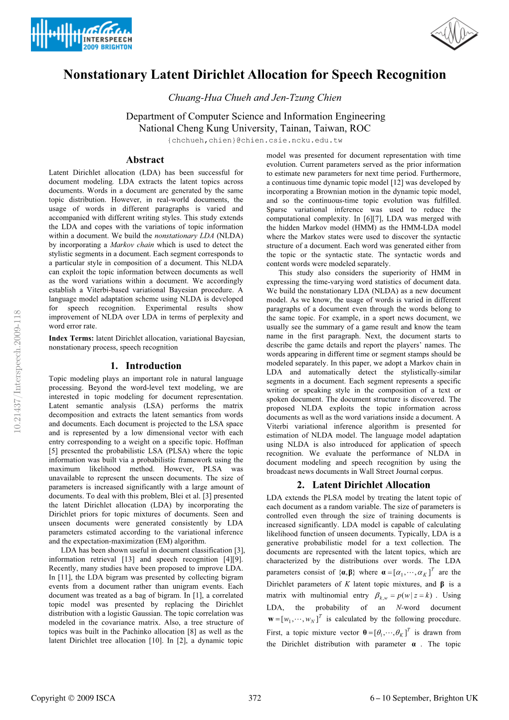 Nonstationary Latent Dirichlet Allocation for Speech Recognition