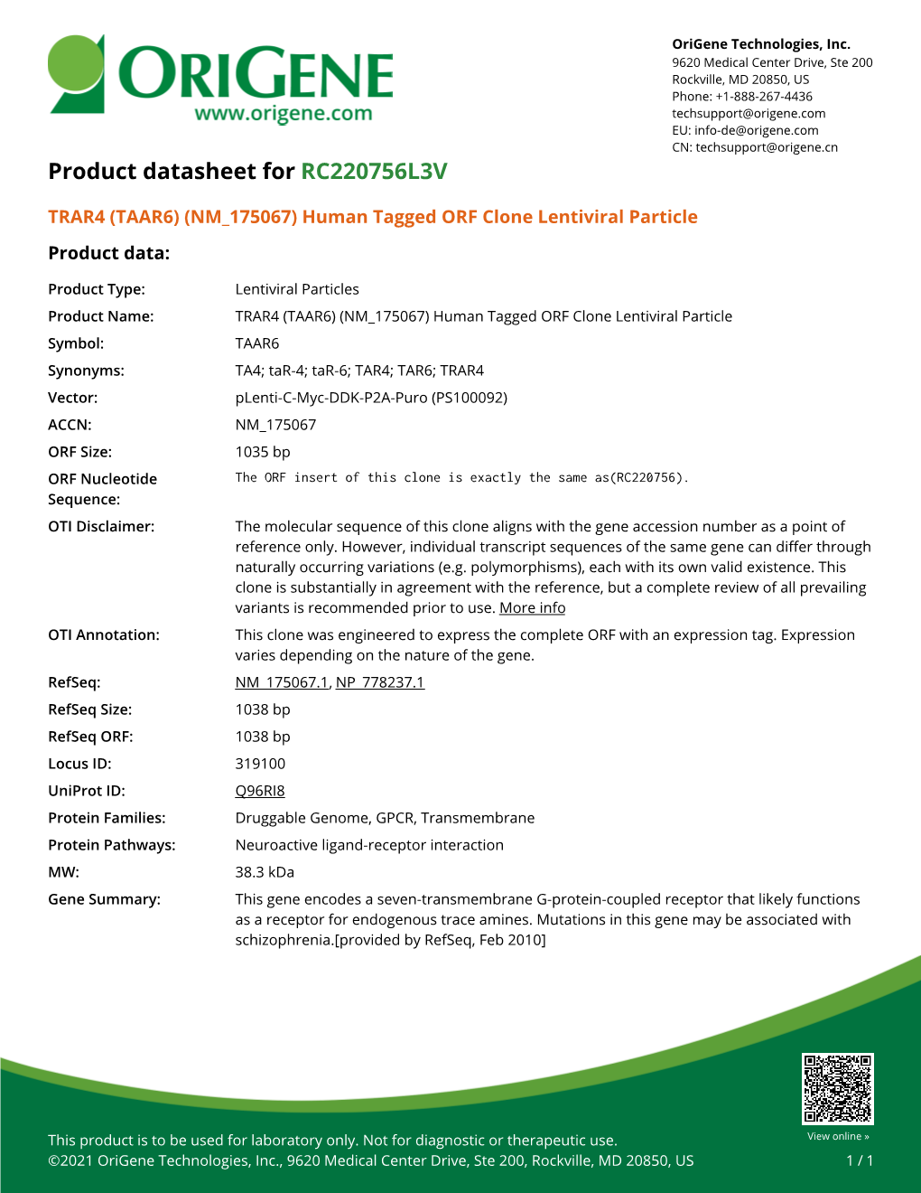 TRAR4 (TAAR6) (NM 175067) Human Tagged ORF Clone Lentiviral Particle Product Data