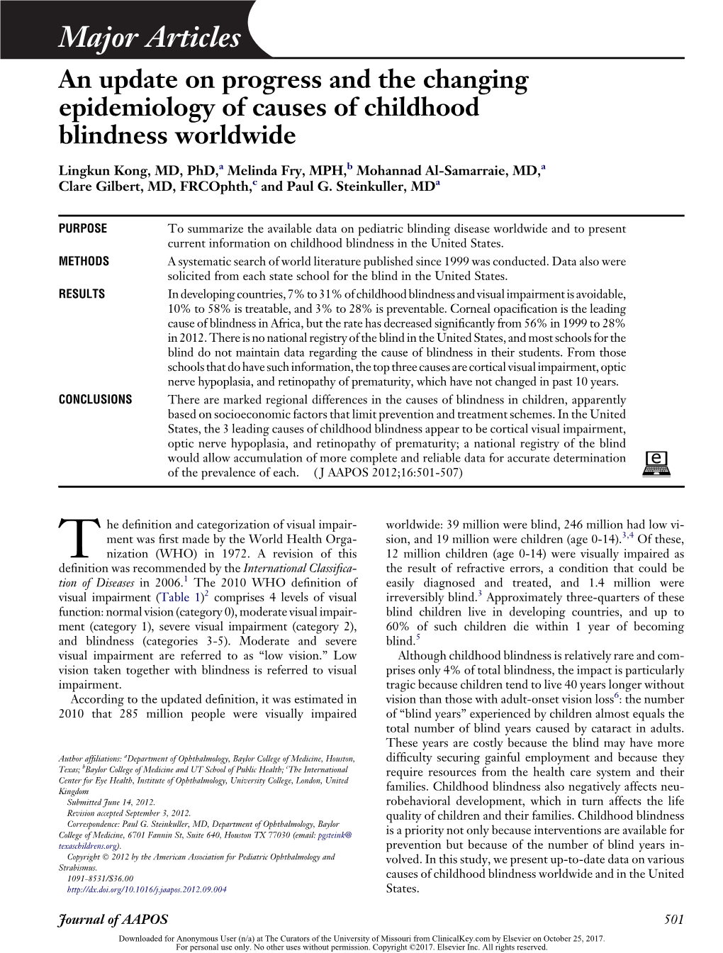 An Update on Progress and the Changing Epidemiology of Causes of Childhood Blindness Worldwide
