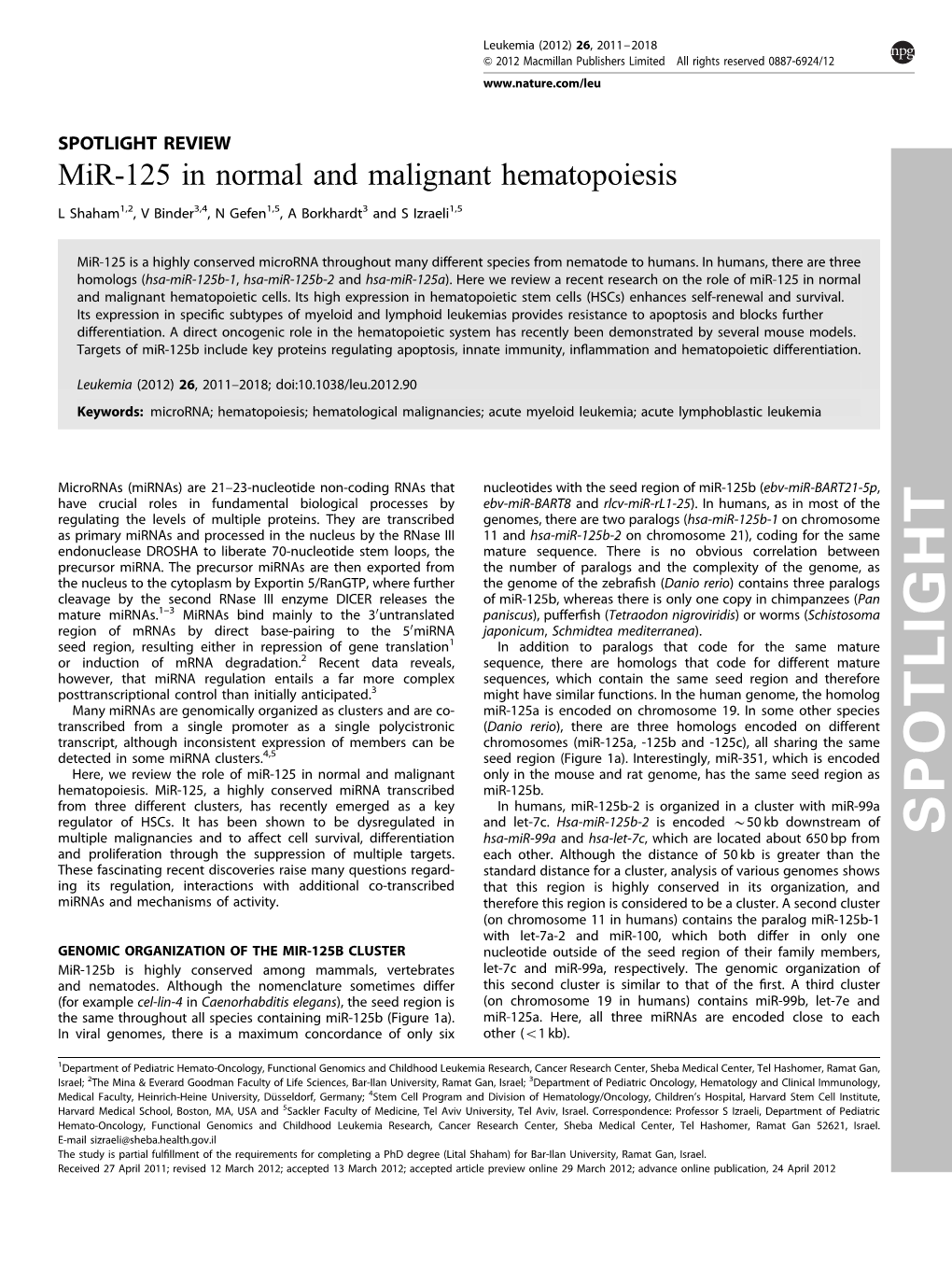 Mir-125 in Normal and Malignant Hematopoiesis