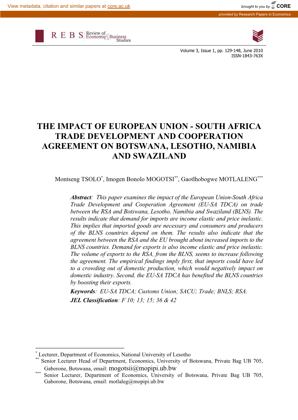 The Impact of European Union - South Africa Trade Development and Cooperation Agreement on Botswana, Lesotho, Namibia and Swaziland