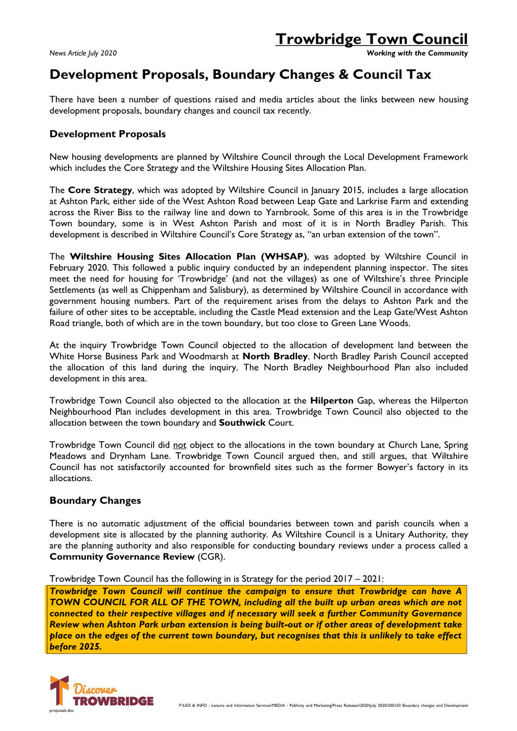 Development Proposals, Boundary Changes & Council