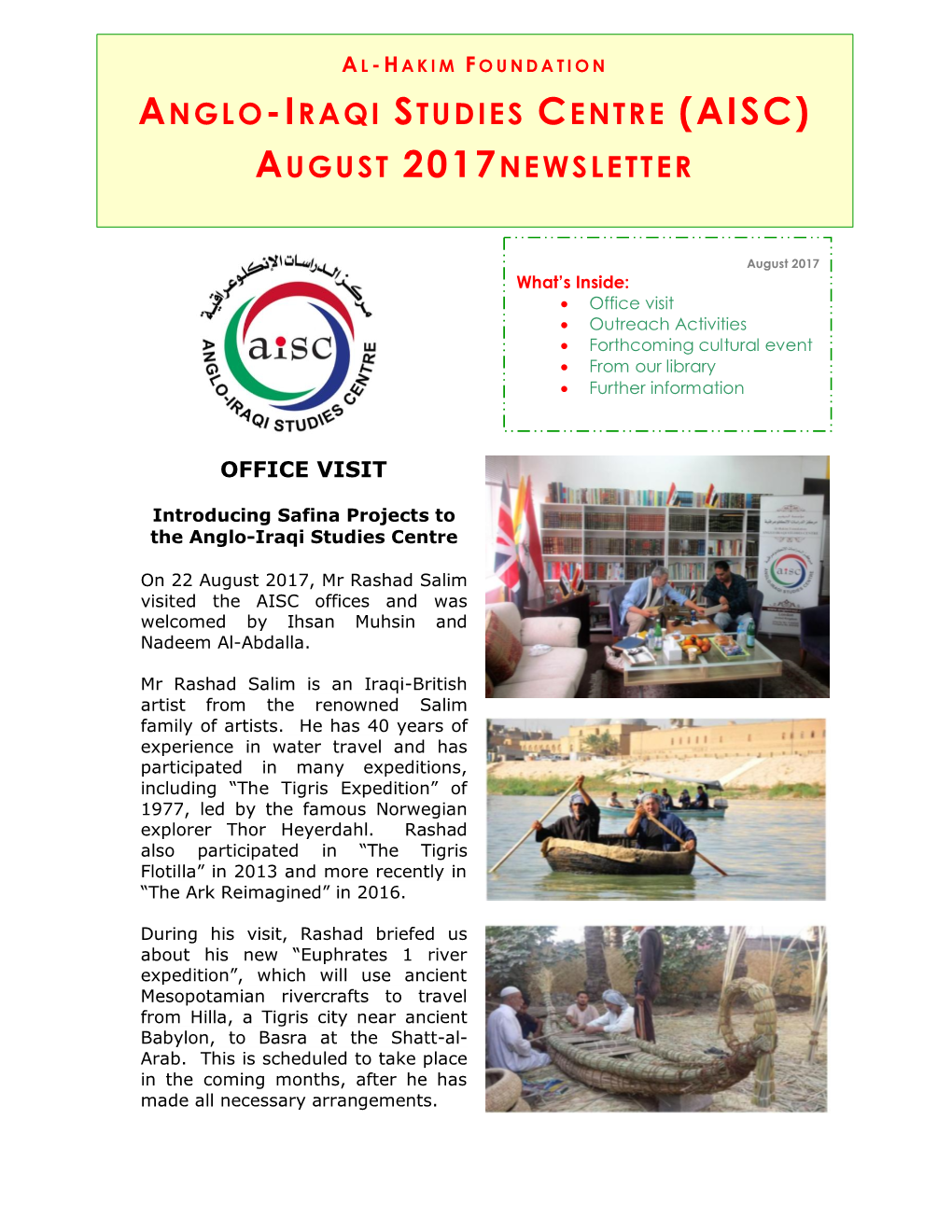 Anglo-Iraqi Studies Centre (Aisc) August 2017Newsletter