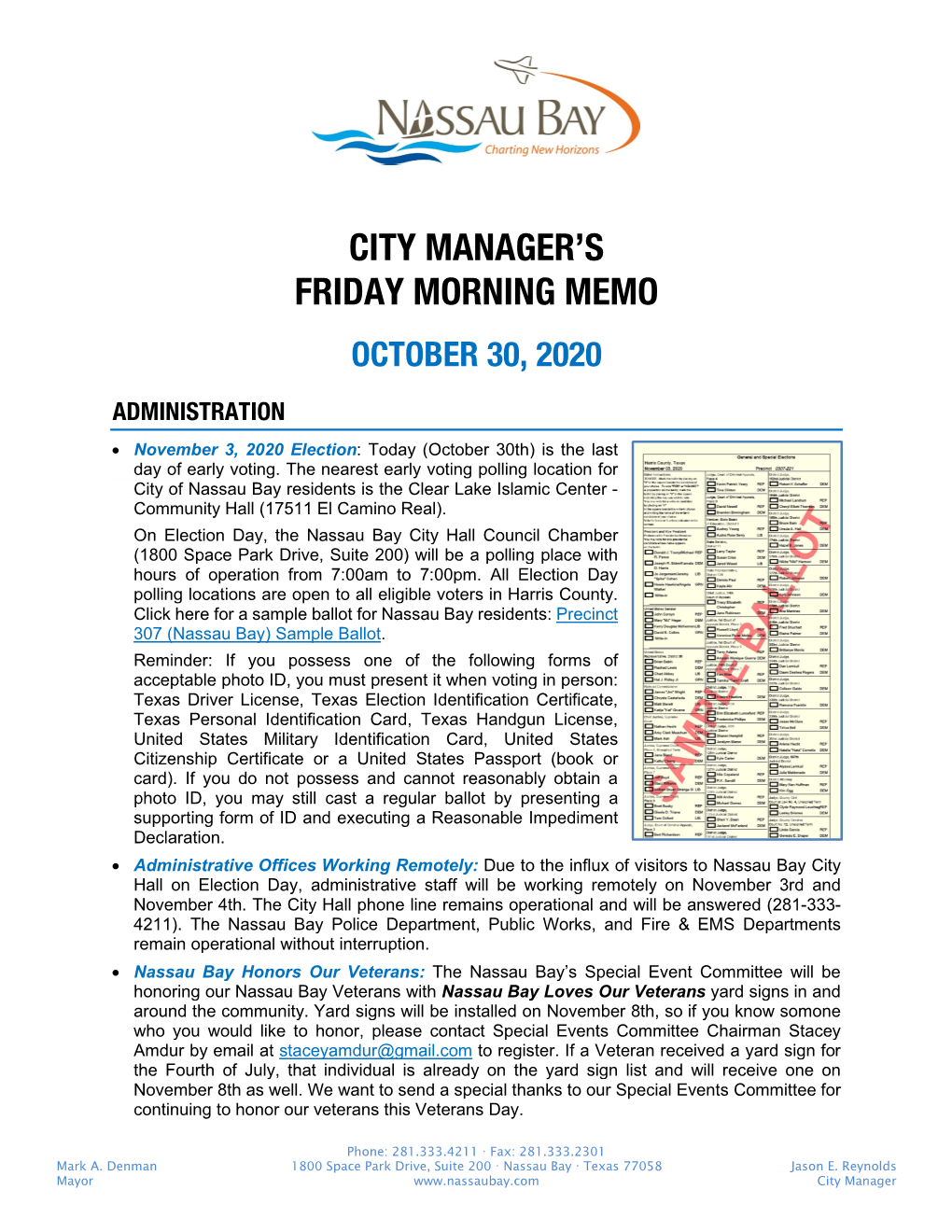 City Manager's Friday Morning Memo