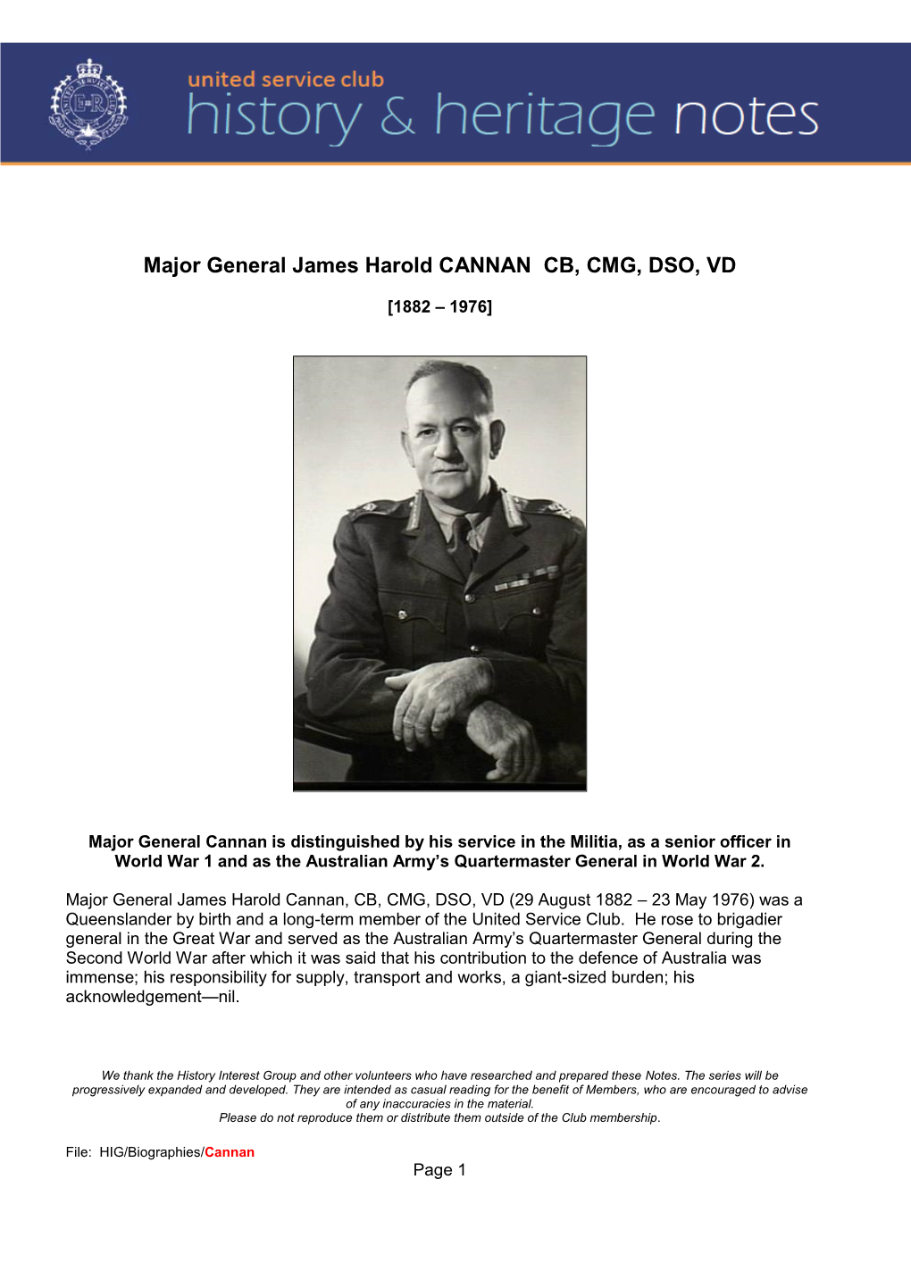 Major General James Harold CANNAN CB, CMG, DSO, VD