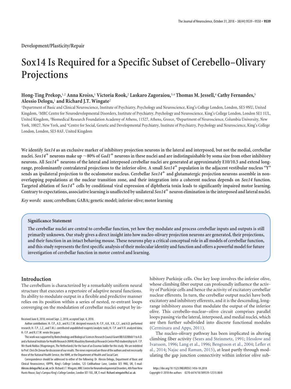 Sox14 Is Required for a Specific Subset of Cerebello–Olivary Projections