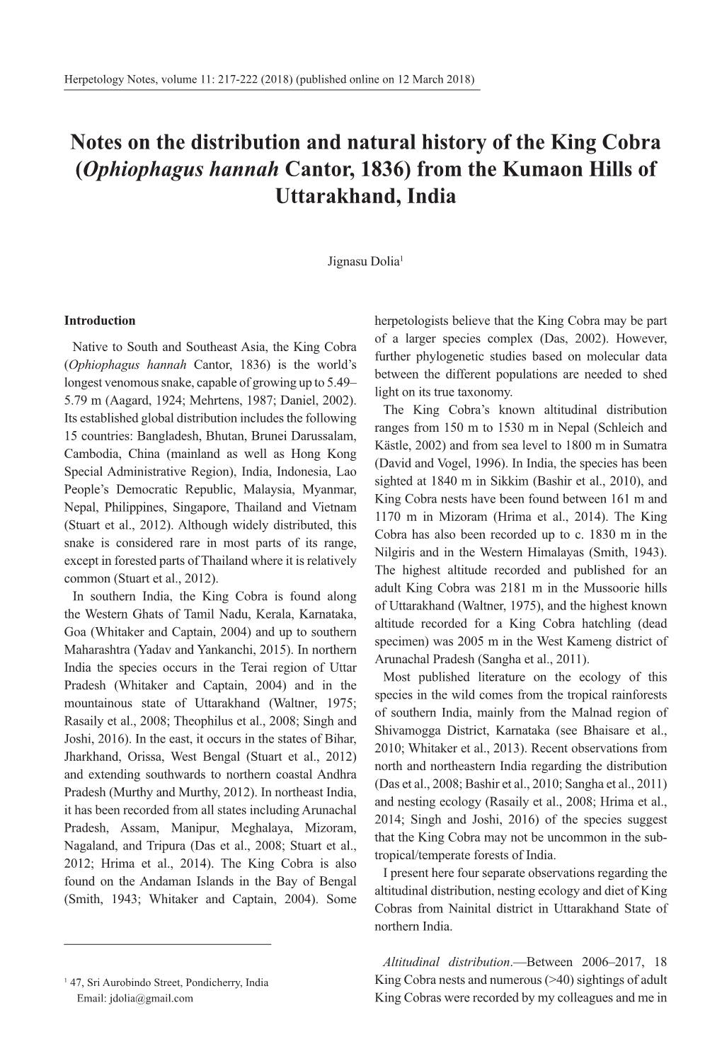 Notes on the Distribution and Natural History of the King Cobra (Ophiophagus Hannah Cantor, 1836) from the Kumaon Hills of Uttarakhand, India