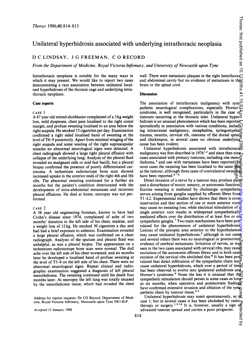 Unilateral Hyperhidrosis Associated with Underlying Intrathoracic Neoplasia