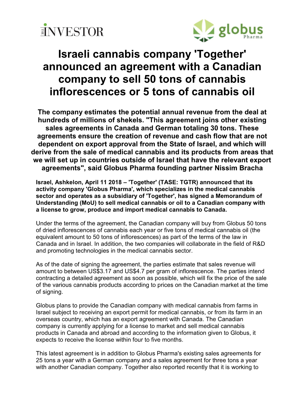 Israeli Cannabis Company 'Together' Announced an Agreement with a Canadian Company to Sell 50 Tons of Cannabis Inflorescences Or 5 Tons of Cannabis Oil