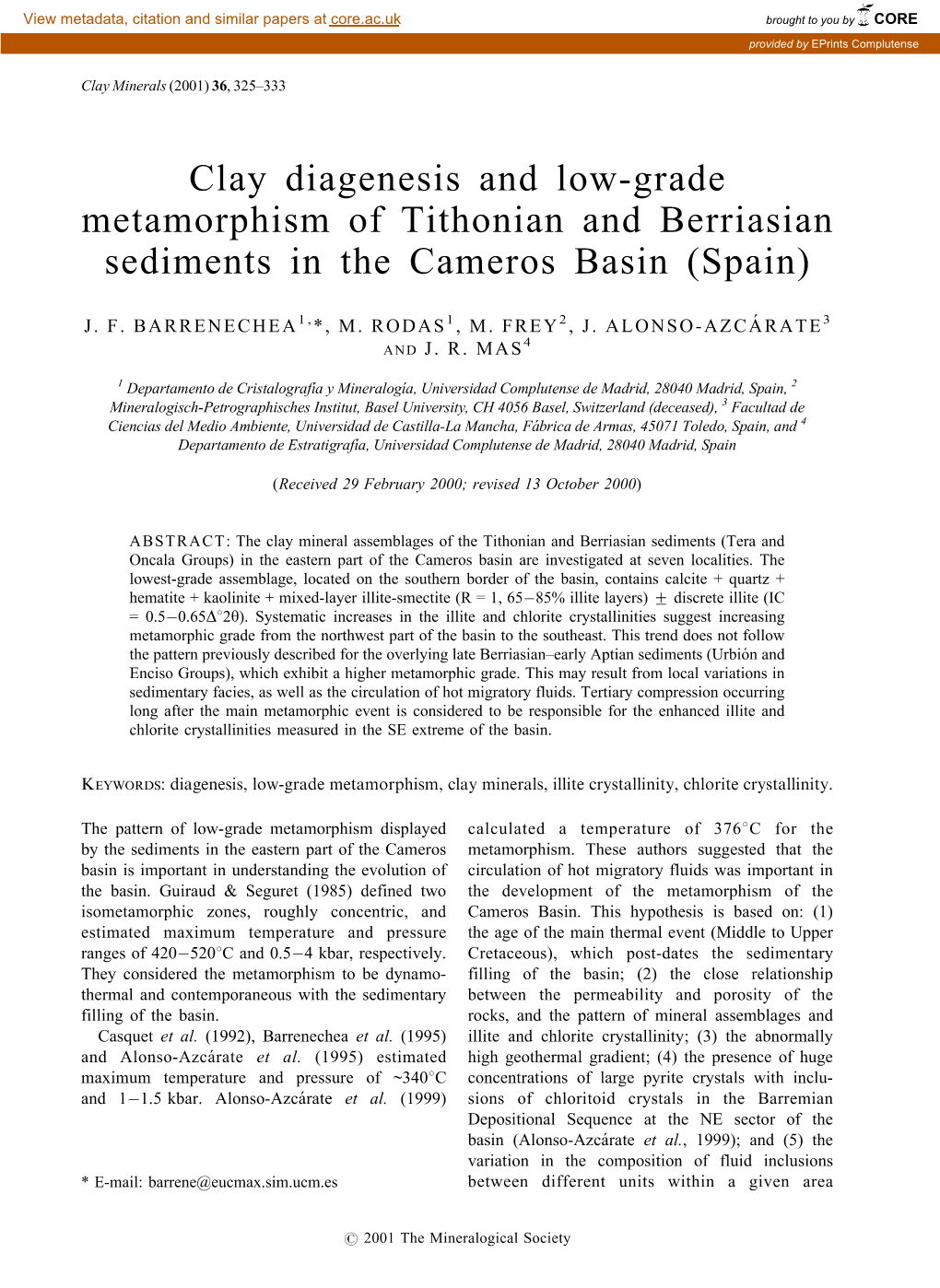 Clay Diagenesis and Low-Grade Metamorphism of Tithonian and Berriasian Sediments in the Cameros Basin (Spain)