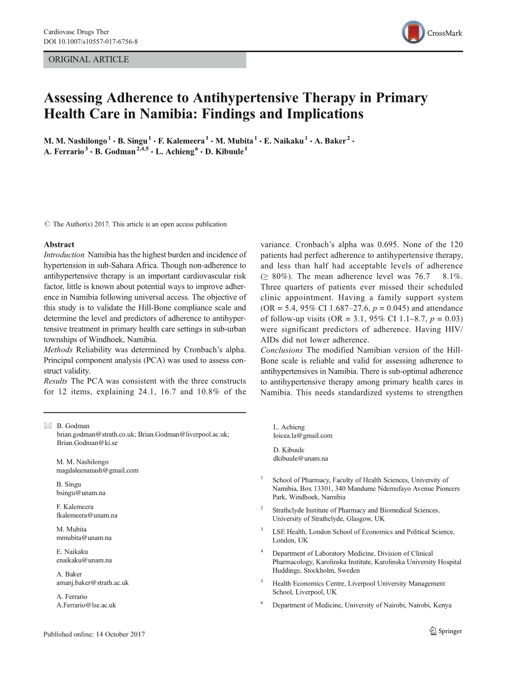 Assessing Adherence to Antihypertensive Therapy in Primary Health Care in Namibia: Findings and Implications